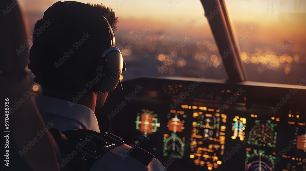 Naklejka premium Airline pilot navigating a plane during a stunning sunset. Focus on cockpit controls with lit indicators reflecting on the windshield.