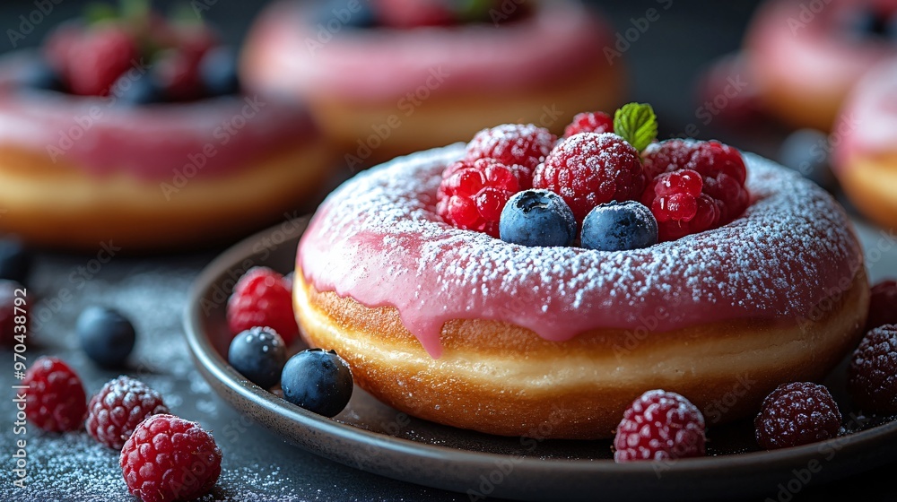 Design a donut with vibrant berry-flavored icing (strawberry, raspberry, or blueberry) and top it with fresh berries and a light dusting of powdered sugar Design a donut with vibrant berry-flavored icing (strawberry, raspberry, or blueberry) and top it with fresh berries and a light dusting of powdered sugar