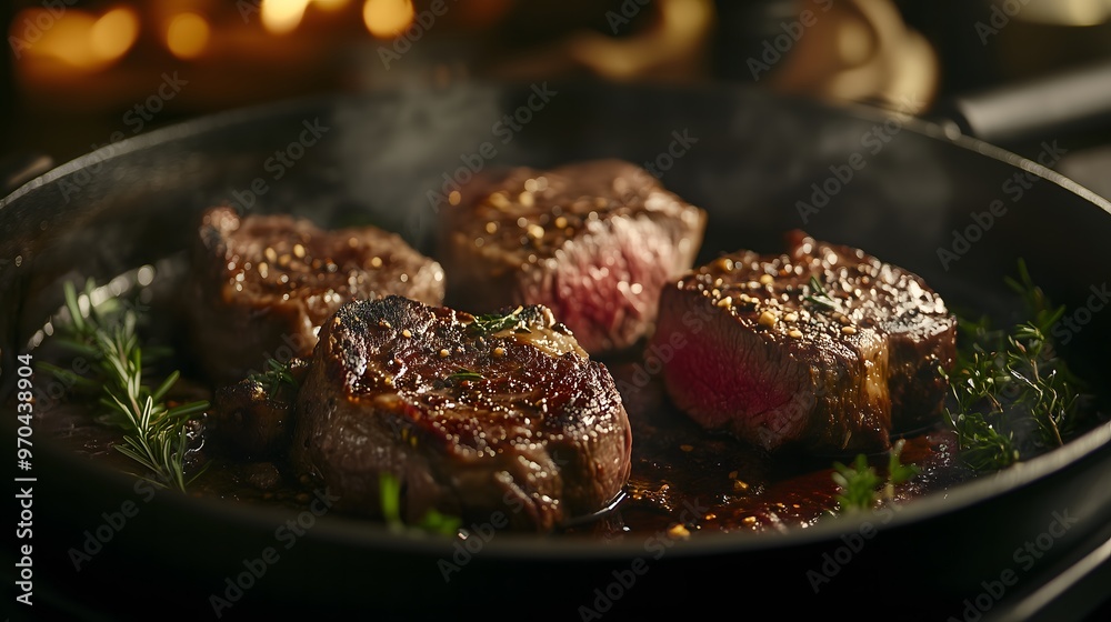 Fototapeta premium Cooking beef and lamb steaks with rosemary for a gourmet meal