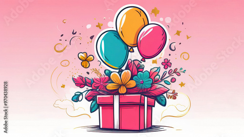 Birthday gift box and colorful balloons on pink backdrop illustration