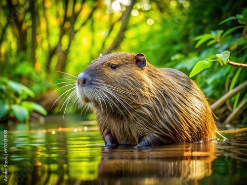 A large rodent with webbed feet and a flat tail emerges from the water's edge, basking in the warm sunlight and lush green vegetation.