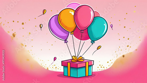 Gift box with balloons illustration on pink background for greeting cards and celebrations