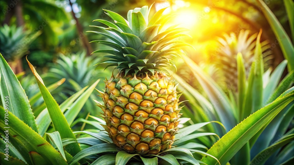 A lush green pineapple tree stands tall, its prickly leaves and sturdy trunk contrasting with vibrant yellow fruit ripening in the warm tropical sunlight. A lush green pineapple tree stands tall, its prickly leaves and sturdy trunk contrasting with vibrant yellow fruit ripening in the warm tropical sunlight.