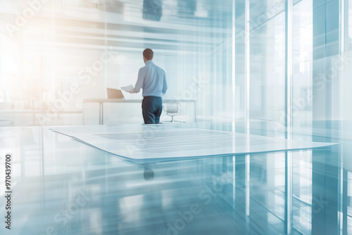 Entrepreneur reviewing business plans at a glass desk