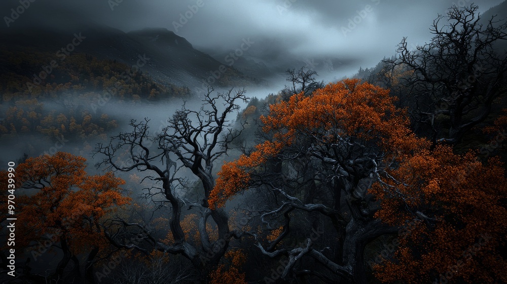 Fototapeta premium Moody Autumn Forest Landscape with Foggy Mountains and Bare Trees