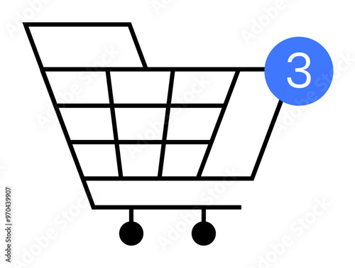 A simplistic black outline of a shopping cart with a blue notification symbol showing the number three. Ideal for online shopping, e-commerce, carts, digital alerts, retail management. Minimalist vect