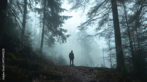 A lonely figure standing in misty, empty forest evokes sense of solitude and mystery. dense fog envelops trees, creating an ethereal atmosphere that invites contemplation