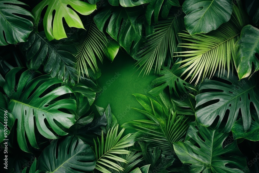 Lush Green Tropical Leaves Frame Empty Green Space. Lush Green Tropical Leaves Frame Empty Green Space.