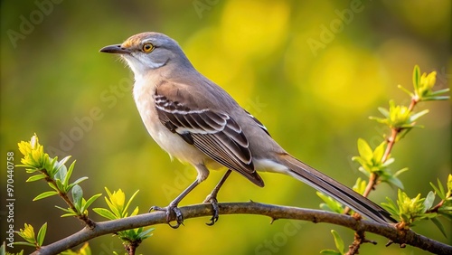 A majestic Northern Mockingbird sits serenely on a sturdy tree branch, its feathery plumage blending seamlessly with the native Arkansas foliage.