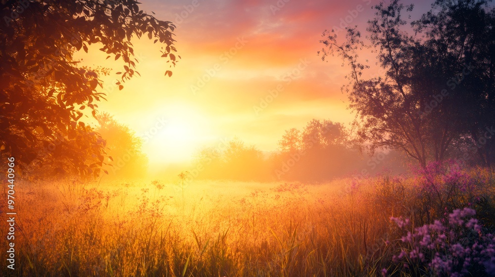 Golden sunrise over a foggy field with trees and wildflowers. Golden sunrise over a foggy field with trees and wildflowers.