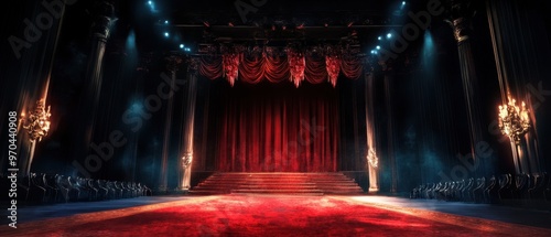 An elegant theater stage featuring rich red curtains, dramatic lighting, and an inviting atmosphere for performances.