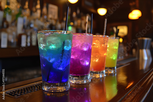 Four colorful cocktails with ice served at a bar, showcasing vibrant hues and refreshing appeal.