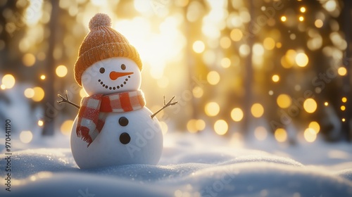 A cheerful snowman wearing a beanie and scarf, standing in the snow with glowing bokeh lights, perfect for Christmas themes and copyspace holiday designs.






 photo