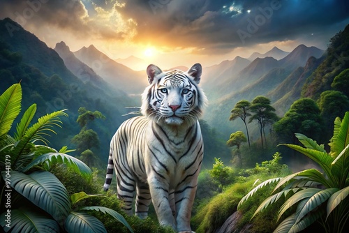 A majestic white tiger surveys its surroundings, its pale blue eyes and pink nose a striking contrast to the dark green foliage and misty mountains. photo