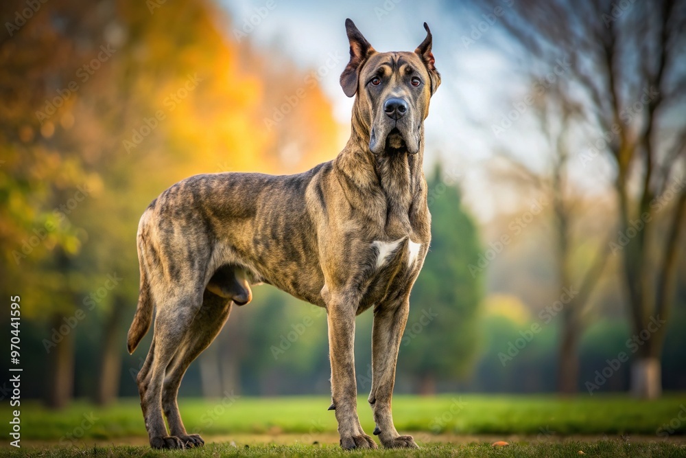 A massive, gentle giant dog with a short, smooth coat in a brindle pattern, resembling a Great Dane, stands majestically against a blurred background. A massive, gentle giant dog with a short, smooth coat in a brindle pattern, resembling a Great Dane, stands majestically against a blurred background.