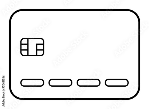 A simple black and white outline of a credit card with an EMV chip and a dotted line for numbers. Ideal for banking, finance, security, shopping, and e-commerce themes. Minimalist vector style.