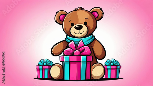Girl's birthday card with teddy bear and wrapped presents on a pink backdrop illustration