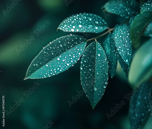 Close-up of lush green leaves with glistening water droplets.