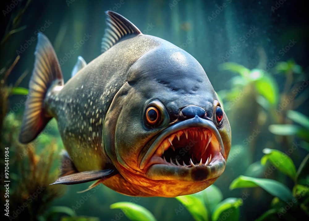 A menacing piranha with razor-sharp teeth swims in murky waters, its scales glistening in the dim light, conveying a sense of predatory threat and primal power. A menacing piranha with razor-sharp teeth swims in murky waters, its scales glistening in the dim light, conveying a sense of predatory threat and primal power.