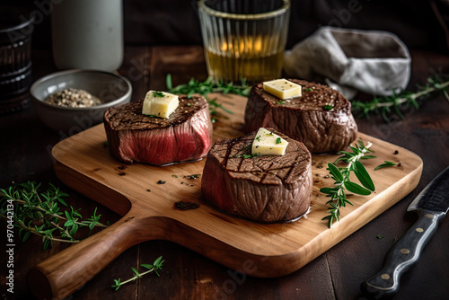 juicy grillet fillet mignon with butter on rustic wooden table with vegetables photo