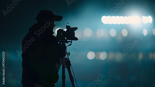 Silhouette of a photographer with a camera and tripod, capturing a moment in a studio setting