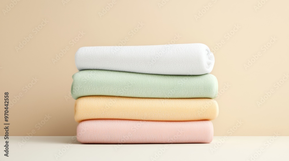Stack of pastel towels neatly folded on beige background Stack of pastel towels neatly folded on beige background