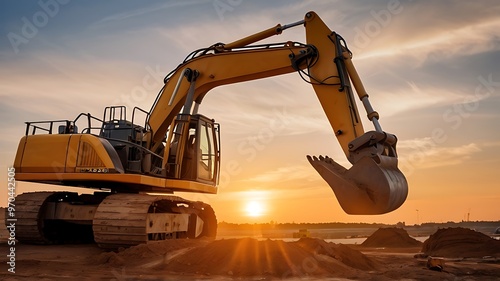 Heavy equipment operating in a mine, an industrial excavator on a building site at dusk