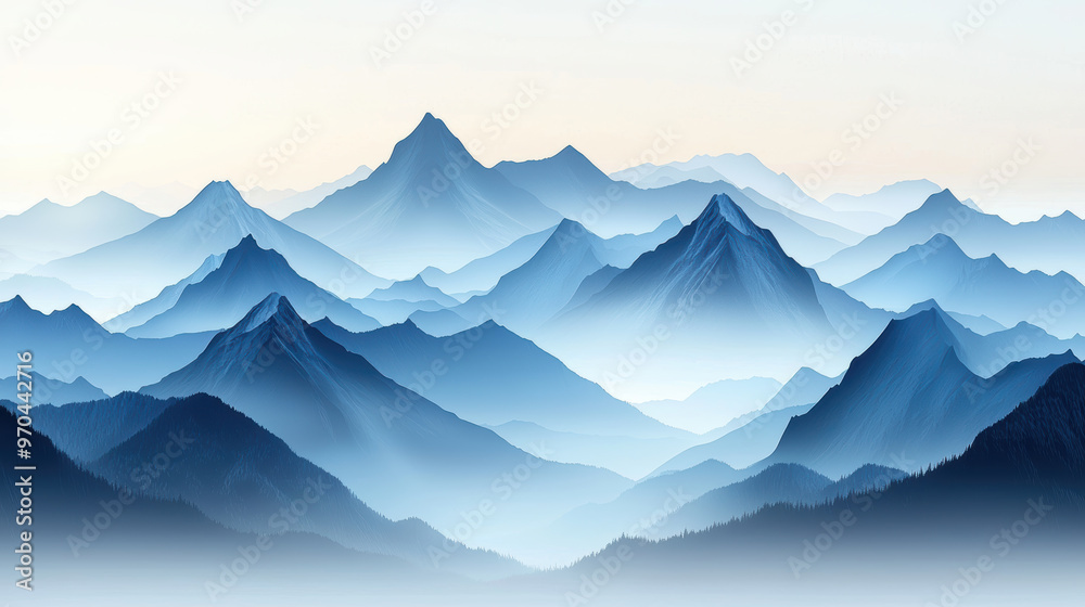A serene mountain range at dawn, showcasing minimalistic design and soft hues