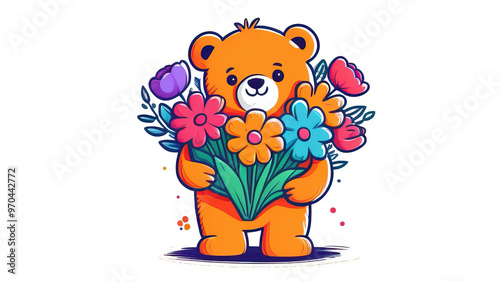 Charming birthday card with a teddy bear and flowers