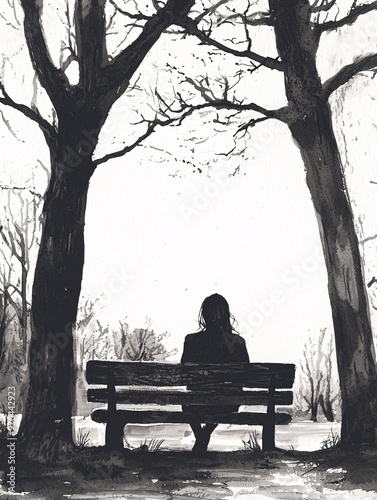 A solitary woman on a park bench is engulfed in her thoughts, overshadowed by the doubts cast by the encroaching trees.