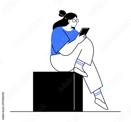 A young woman with glasses, wearing a blue shirt, sits on a black cube reading a tablet. Ideal for education, technology, digital learning, reading, and relaxation themes. Clean, minimal style.