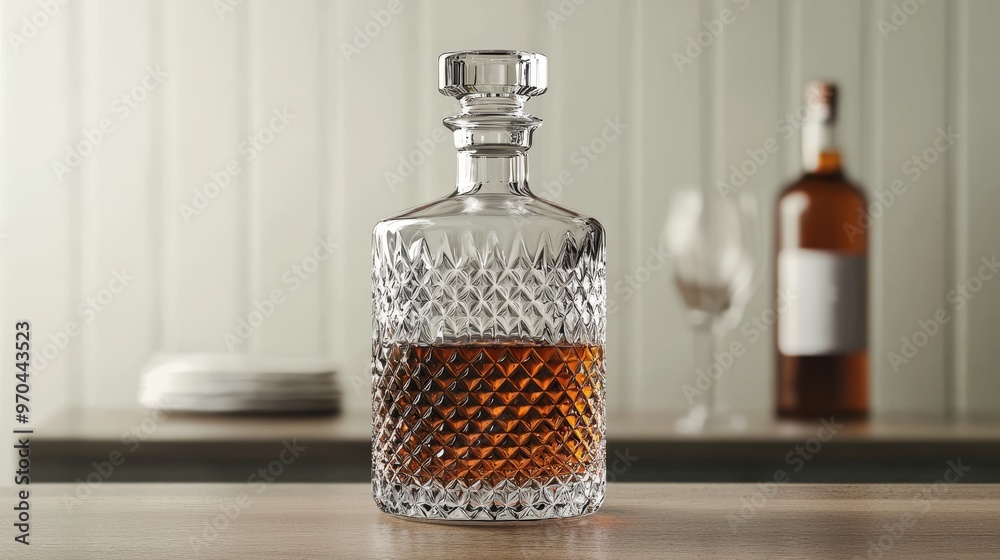 Crystal Whiskey Decanter on Wooden Table with Bottle in Background Crystal Whiskey Decanter on Wooden Table with Bottle in Background