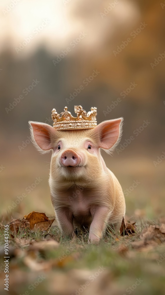 A pig with a charming crown posing regally in an open, green field. A pig with a charming crown posing regally in an open, green field.