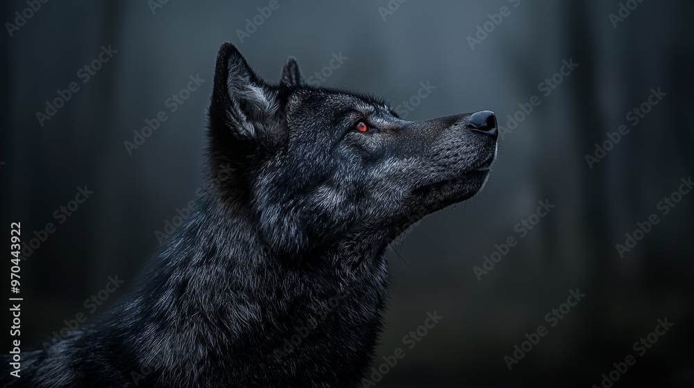 Naklejka premium Black Wolf with Red Eyes Looking Up