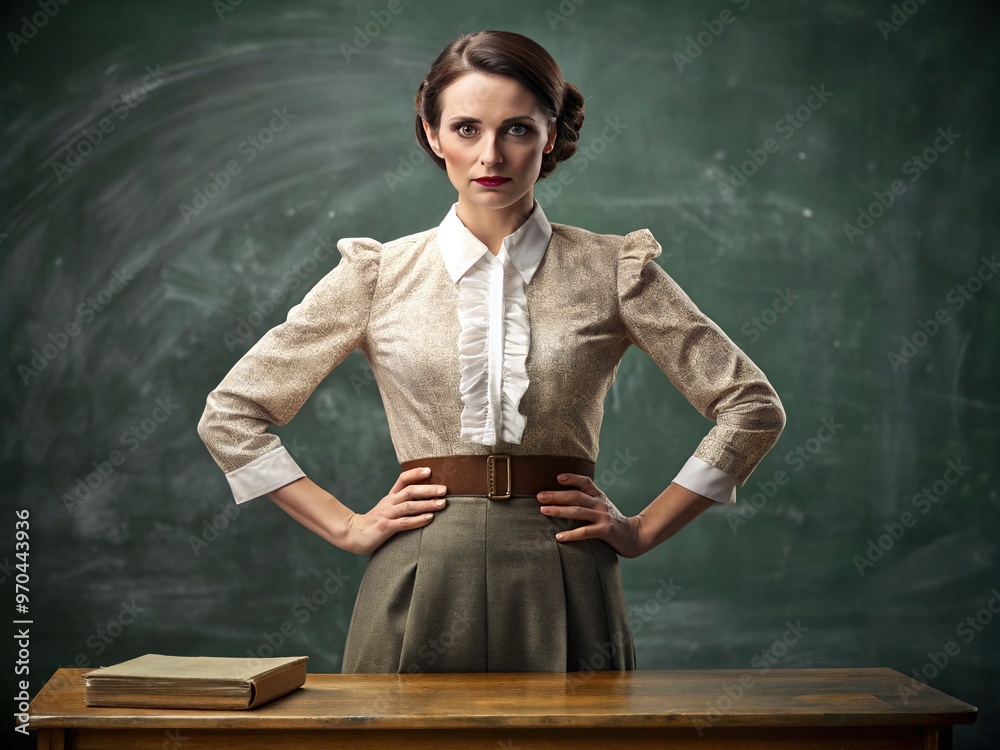 A stern educator stands firmly, hands on hips, gazing down at the desk ...