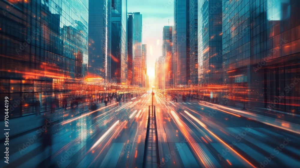 Dynamic motion blur cityscape at sunset with skyscrapers and vibrant lights reflecting fast-paced urban life. Dynamic motion blur cityscape at sunset with skyscrapers and vibrant lights reflecting fast-paced urban life.