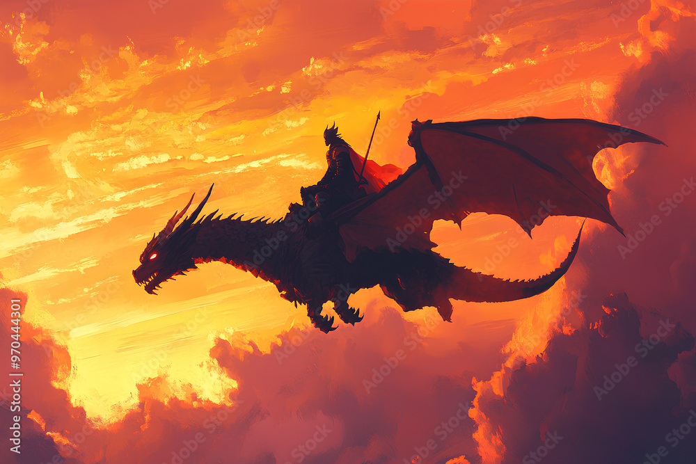 Fototapeta premium A silhouette of a dragon and rider soaring through a vibrant sunset sky.