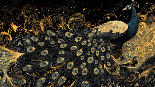 A decorative illustration of peacock with intricate details and vibrant colors
