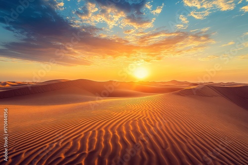 Sunset over the desert of Al Khatim in Abu Dhabi, Emirates. Golden Sand Dune Desert Landscape Panorama. Beautiful sunset over the sand dunes in the Al Khatim in Abu Dhabi, Emirates , ai photo