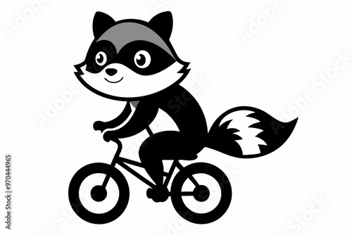 Cute raccoon riding a bike from the cartoon black vector art illustration photo