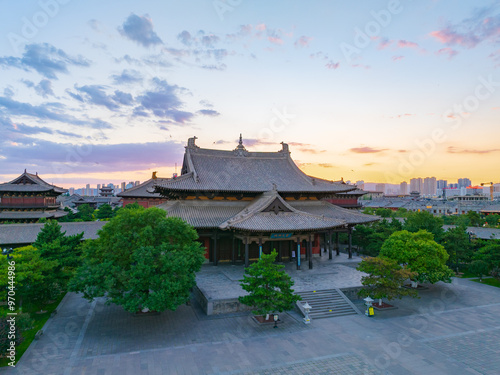 Aerial photography of Huayan Temple in Datong, Shanxi Province on a sunny summer day with blazing clouds photo