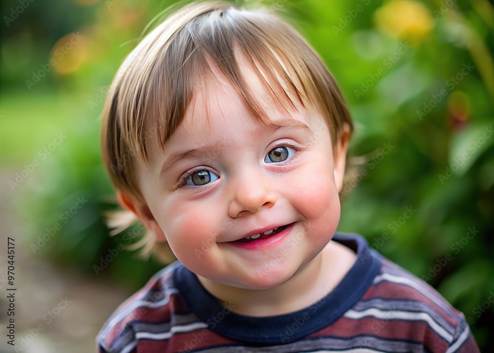 A thoughtful young child with Down Syndrome gazes thoughtfully at the camera, a soft smile playing on her gentle features. A thoughtful young child with Down Syndrome gazes thoughtfully at the camera, a soft smile playing on her gentle features.