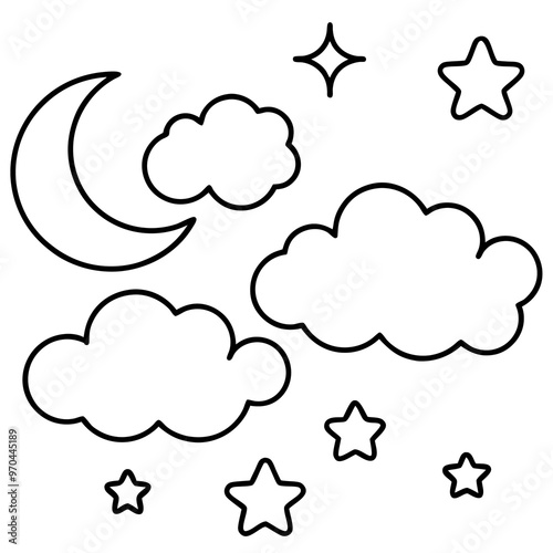 clouds stars moon outline coloring book page line art drawing