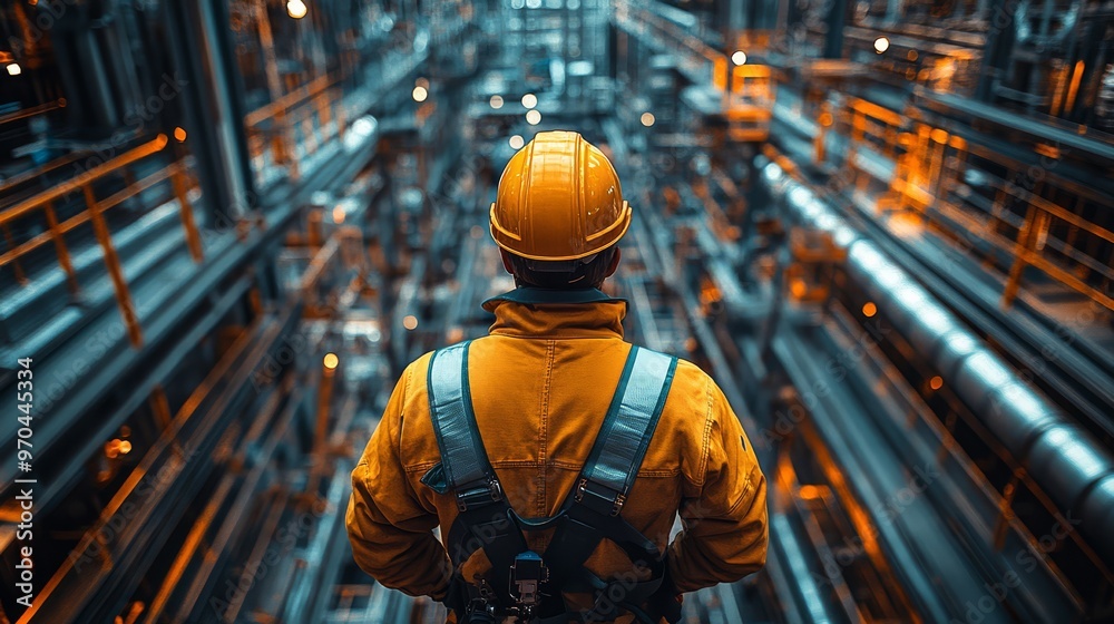 Engineer in safety gear oversees complex industrial plant with intricate piping system, representing engineering and manufacturing. Engineer in safety gear oversees complex industrial plant with intricate piping system, representing engineering and manufacturing.