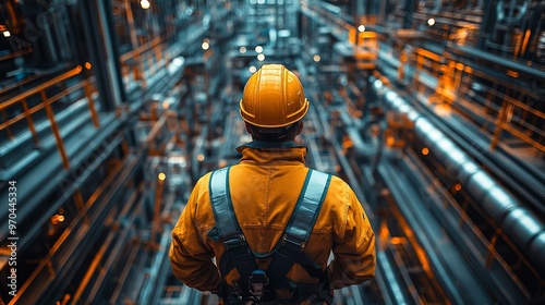 Engineer in safety gear oversees complex industrial plant with intricate piping system, representing engineering and manufacturing.
