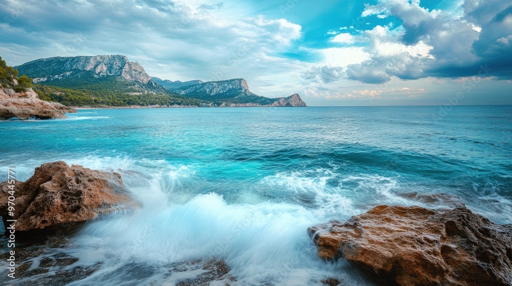 A panoramic view of a stunning coastline with clear blue water, crashing waves, rugged cliffs and a dramatic sky. A panoramic view of a stunning coastline with clear blue water, crashing waves, rugged cliffs and a dramatic sky.