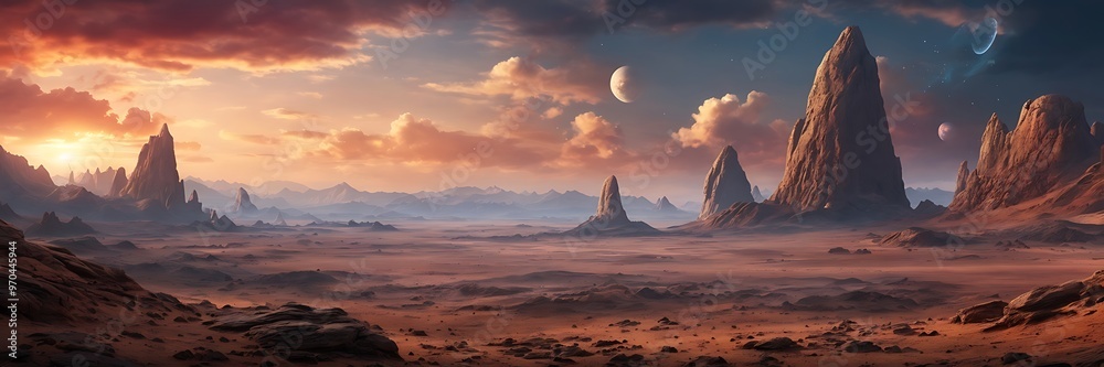 Fototapeta premium Abstract colorful background of a unique beautiful fantasy space with planets and stars from land view with mountains and dusty hills 