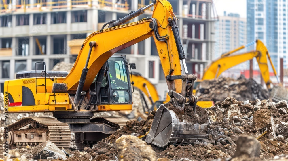 A construction site featuring heavy excavators working on debris and earth. A construction site featuring heavy excavators working on debris and earth.