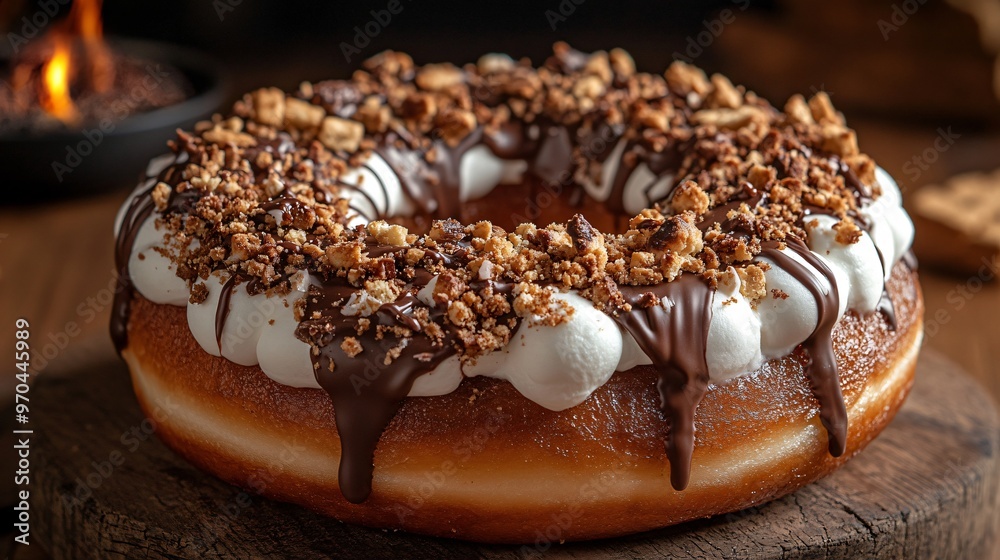 A donut topped with marshmallow frosting, a drizzle of chocolate, and graham cracker crumbles, resembling the classic campfire treat A donut topped with marshmallow frosting, a drizzle of chocolate, and graham cracker crumbles, resembling the classic campfire treat