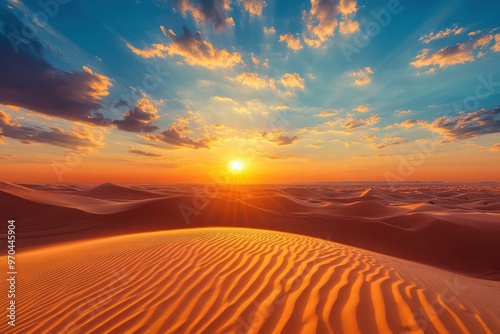 Sunset over the desert of Al Khatim in Abu Dhabi, Emirates. Golden Sand Dune Desert Landscape Panorama. Beautiful sunset over the sand dunes in the Al Khatim in Abu Dhabi, Emirates , ai